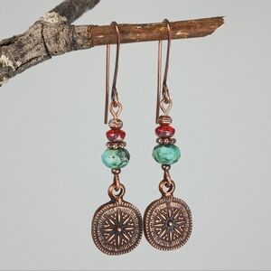 HAND CRAFTED African Turquoise Jasper Czech Glass Copper Compass Dangle Earrings